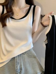 Elegant Simple Sleeveless Strap Vest Women Summer plus Size Slimming Design Color Block U-Neck Top Trendy Original Design Ladies Vest