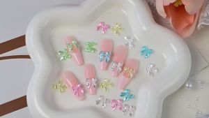 100 Chiếc Phụ Kiện Trang Trí Móng Tay Hình Nơ 3D Màu Hồng Ngọc Trai Kiểu Dáng Dễ Thương Mặt Phẳng Dùng Cho Làm Móng Tự Làm