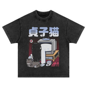 Vintage Washed Short Sleeve T-Shirt Cat Licking Midnight Horror Ring High Street Casual American Style round Neck Cotton Top