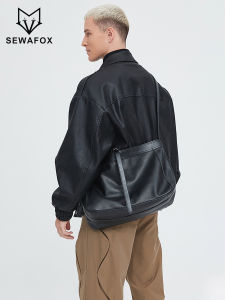 SEWAFOX | High-Quality Litchi Textured Simple Black Soft Leather Large Capacity Mens Shoulder Bag