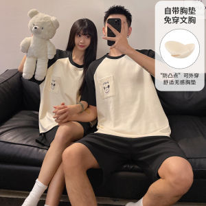 ชุดนอนผ้าฝ้ายบางแขนสั้นลายการ์ตูนสำหรับคู่รัก ชุดนอนฤดูร้อน ชุดอยู่บ้าน ชุดนอนผู้ชายและผู้หญิง ชุดนอนผ้าฝ้ายเนื้อนุ่มสบาย