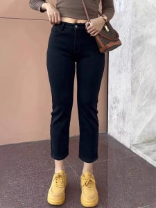 Quần Jeans Denim Ống Thẳng Cạp Cao Co Giãn Cho Nữ Mùa Thu Màu Đen Quần Jeans Denim Co Giãn Nine-Tenths Thẳng Cho Người Dáng Dừa