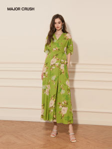 Slim Elegant French Holiday Green Floral Maxi Dress