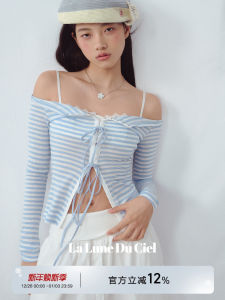 La Lune Du Ciel Womens Slim Fit Long Sleeve T-shirt One Shoulder Sun Protection Base Shirt Striped Commute Style Korean Version