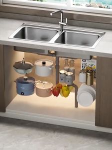 Rak di Bawah Wastafel Stainless Steel dan Rak Dapur Wastafel Dapat Ditarik