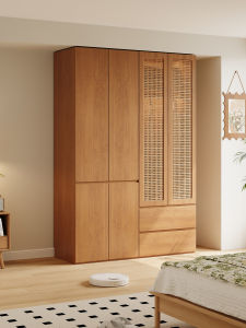 High Quality Solid Wood Oak Wardrobe with Wicker Doors