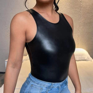 2022 เซ็กซี่สิทธิบัตรหนังเสื้อกั๊กสั้นสไตล์ Street SLIM FIT ชิ้นเดียวผู้หญิง Backless Tank Top สําหรับ 25-29 วันเกิด PARTY