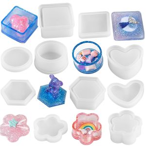 DIY Silicone Jewelry Box Mold Heart Hexagon Flower Storage Boxs Molds with Lid Epoxy Resin Mould Casting Crafting Macking Tool