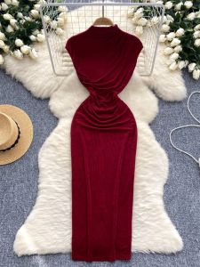 Elegant High-Cold Lady Dress Goddess Style Personality Folded Waist Slimming Mid-Length Bodycon Long Dress Korean Style Commute
