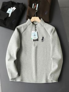 Fashionable Pure Color Embroidered Sweatshirt Spring Autumn Half Zip Design Mens Stand Collar Shoulder Sleeve Pure Cotton Loose Fit