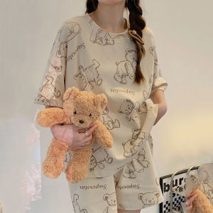 Bộ Đồ Ngủ Nữ Cỡ Lớn Tay Ngắn In Hình Gấu Hoạt Hình Phong Cách Dễ Thương Bộ Đồ Mặc Nhà Đi Học Cổ Tròn Quần Đùi Ngắn Chất Liệu Pha Polyester Và Spandex
