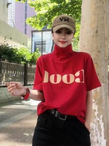 Loose Fit Printed High Neck Midi Sleeve T-Shirt Womens Fashion Retro Style Cotton Crew Neck Short Sleeve Top for Office