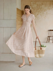 XIANGYING | French Style V-Neck Slimming Pink Womens Dress