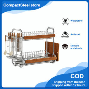 CompactSteel​​ store 304 Stainless Steel Dish Rack 2 Tier Kitchen Dish Drainer with Drain Tray Wood Handle Plate Organizer Knife & Chopstick Holder Large Capacity Dish Drying Rack with Cutting Board Slot