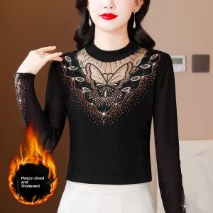 MAIMEI | Warm Fleece Lined Hollow Out Long Sleeve Round Neck Butterfly Large Flower Fashionable Versatile Top For Autumn Winter Women