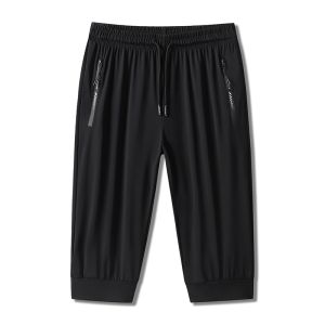 plus Size Summer Ice Silk Elastic Hollow out Mens Casual Pants Loose Fit Sporty Style mid Waist Seven Quarter Length Trousers