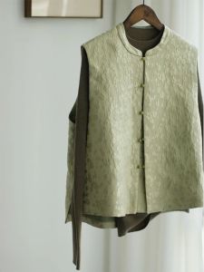 New Chinese Style Womens Fashion Green Vest Shirt Two-Piece Set Spring Season High-End Feelings plus Size Ladies Outfits