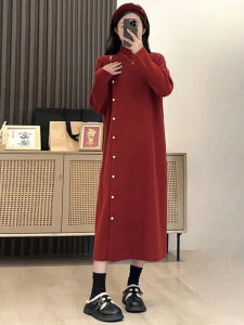 Christmas New Year Red Design Pearl Button Loose Lazy Fashionable Long Knitted Dress High Collar Sweater Dress for Women
