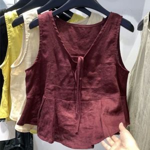 เสื้อกั๊กคอวีแขนกุดผ้าฝ้ายลินินหลวมๆ บางๆ สำหรับผู้หญิงในช่วงฤดูร้อน เสื้อกั๊กผู้หญิงแบบลำลองสำหรับใส่ไปทำงาน