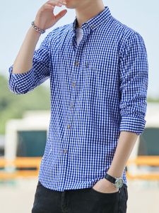 Autumn New Arrival Men Pure Cotton Gingham Long Sleeves Shirt Loose Casual Youth plus Size Tops Shirt Coat Trendy