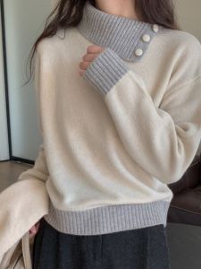 Color Block High Neck Knitted Sweater Womens Autumn Winter Loose Slimming Comfortable Design Long Sleeve Cashmere Top