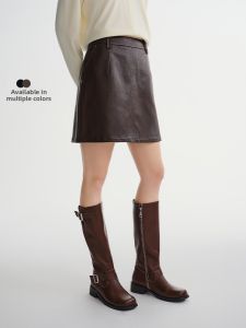 DUSHU | Stylish Black Brown High-Waisted A-Line Versatile Leather Skirt