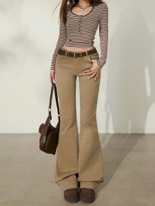 Low Waist Bell Bottom Denim Jeans Womens Slimming Khaki Color American Style Casual Cotton Material Non Stretch Spring Autumn