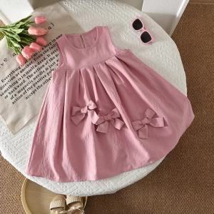 Summer New Pink Sweet and Cute Round Neck Sleeveless Vest Dress with Bow Decoration for Girls Aged 3-7 Daily Wear