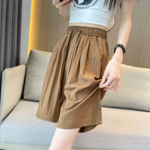 กางเกงขาสั้นผ้าไหมน้ำแข็งเอวสูงสำหรับผู้หญิงไซส์ใหญ่ กางเกงขาสั้นทรงหลวมบาง กางเกงขายาวลำลอง กระโปรงสั้น 5 จุด ทรงเข้ารูป