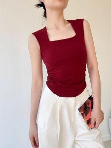 Áo Vest Xếp Ly Màu Đỏ Cổ Vuông Ôm Vừa Vặn Thiết Kế Cổ Điển Không Tay Gợi Cảm Cho Nữ Mùa Thu 2025 Chất Liệu Cotton Và Polyester