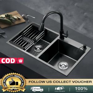 Kitchen Sink 304 Stainless Steel Nano Black Double Sink 3.0mm Thickness Large Capacity Household Vegetable Washing Basin Optional Faucet