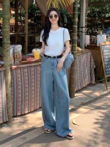 กางเกงยีนส์ทรงหลวมเอวสูงสไตล์อเมริกันสำหรับผู้หญิง ฤดูใบไม้ผลิและฤดูใบไม้ร่วง กางเกงขายาวทรงตรงผ่าข้าง สไตล์ใหม่ 2025