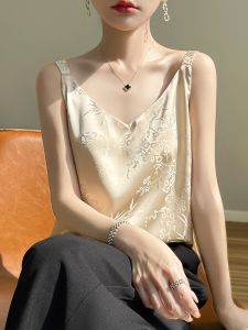 Summer Fashion Silk Print Halter Neck Vest Womens New V-neck Chinese Style Top Straight Cut Single Piece Regular Thickness