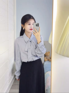 Blue Long Sleeve Shirt Womens OL Style Interview Anti-Wrinkle Spring Autumn Small Size Belted Business Casual Fashion