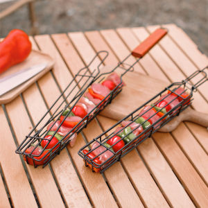 S&S BBQ Clip Stainless Steel Barbecue Skewers 49cm Long Outdoor Camping Wooden Handle Barbecue Cage Non-stick BBQ Tool Vegetable Skewer Roast Skewer Portable Nonstick Roasting Meat Accessories