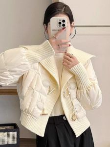 WANGGONGZHU | Princess Style Oversized Cotton Jacket Womens Winter Fashion Anti-Aging Stand Collar Patchwork Knitted Down Coat Outerwear