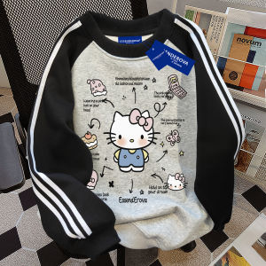 American Style Hello Kitty Cartoon Print round Neck Sweatshirt Womens New Autumn Winter Patchwork Three Bars Top