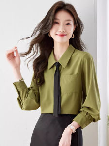 เสื้อเชิ้ตผู้หญิงสไตล์ฝรั่งเศส ดีไซน์ไม่สมมาตร สีเขียว ทรงหลวม แขนยาว ปกโปโล ปกติ ฤดูใบไม้ผลิ 2025 ปกติ อบอุ่น