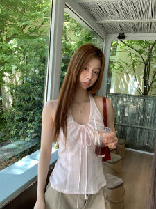 Red Celebrity Store Womens Strapless Vest Summer Outdoor Wear Pink Short Stripe Sleeveless Hanging Neck Top Ladies Fashion