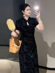 plus Size Qipao Dress Slimming Waist Design Summer Fashionable Black Dress for Plump Women High Waist A-Line Skirt Commute Style