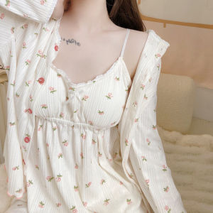 Bộ Đồ Ngủ Cotton Hoa Dài Tay Gợi Cảm Cho Nữ Bộ Đồ Mặc Nhà Mùa Hè Bốn Mảnh Thường Ngày Cổ Tròn Quần Dài