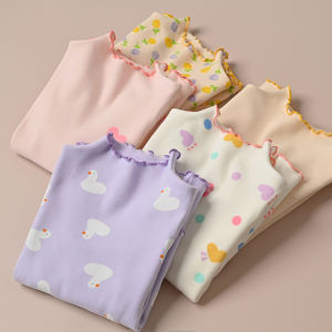 Cute Childrens Long Sleeve Fleece Lined Mock Neck T-Shirt with Wood Grain Ruffle for Girls Ages 3-13 Kids Spring Autumn Cotton Tee