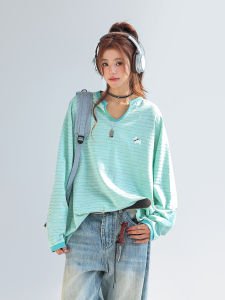 CHANT2nd | Embroidered Colorblock Striped Women V-neck T-shirt