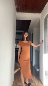 ClothingHub Chona Maxi Dress - Square Neck Long Dress with 2 Side Slits - Small to Large Fit - Bodycon - Back Display - Side Display - Model Size: Height 182cm, Weight 78kg, Size M