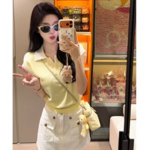 YUEZHONGWEI | Contrast Polo Collar Yellow Flutter Sleeve Ice Silk Knit Top