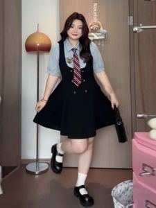 Phong Cách Preppy Cao Cấp Mùa Hè Cho Plus Size Nữ Học Viện Pháp Sang Trọng 2 Bộ Đồ Tay Ngắn Và Thắt Lưng