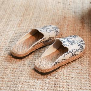 Original Design Embroidered Linen Office Slippers Flat Bottom Anti-Slip Womens Spring Summer Wearable Head Cover Shoes