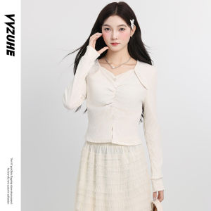 Áo Thun Dệt Kim Dài Tay Cổ Vuông Xếp Ly Phong Cách Hàn Quốc Cho Nữ Áo Lót Màu Nâu Nhạt Dáng Ôm Dáng Thon