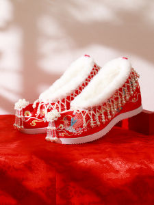 Red Han Tang Style Womens High Heels Fleece Lined Wedding Shoes Increased Height Inner Design Sweet Embroidery for Winter Wedding