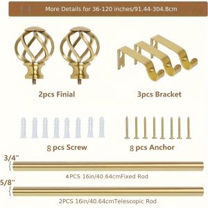 1PC Gold Curtain Rod with Twisted Cage Finials 3/4" Adjustable Heavy Duty Window Treatment Rods for Living Room Bedroom